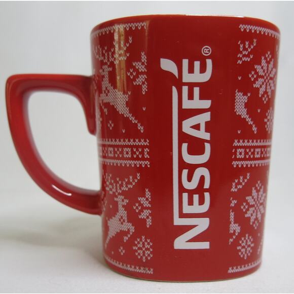 NESCAFE Coffee Mug Christmas Winter Reindeer Red White 11 Ounces Snowflakes - Picture 1 of 6